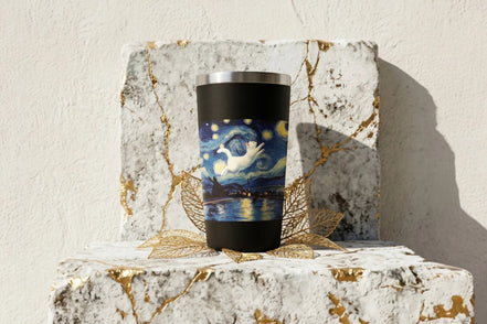 Gobelet inox 40 oz noir avec illustration Van Gogh et chat blanc, style Broadway vintage, Roaring 20s Paris