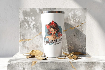 Gobelet blanc Roaring 20s Paris avec illustration pin-up rétro et sucette, 40 oz, acier inoxydable.