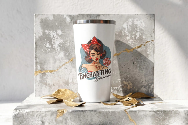 Gobelet blanc Roaring 20s Paris avec illustration pin-up rétro et sucette, 40 oz, acier inoxydable.