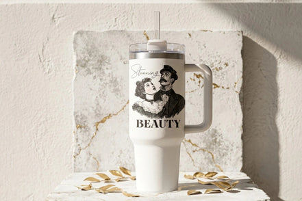 Roaring 20s Paris gobelet tumbler blanc 40 oz en inox avec illustration rétro "Stunning BEAUTY" et paille.