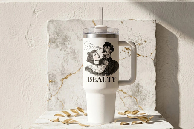 Roaring 20s Paris gobelet tumbler blanc 40 oz en inox avec illustration rétro "Stunning BEAUTY" et paille.
