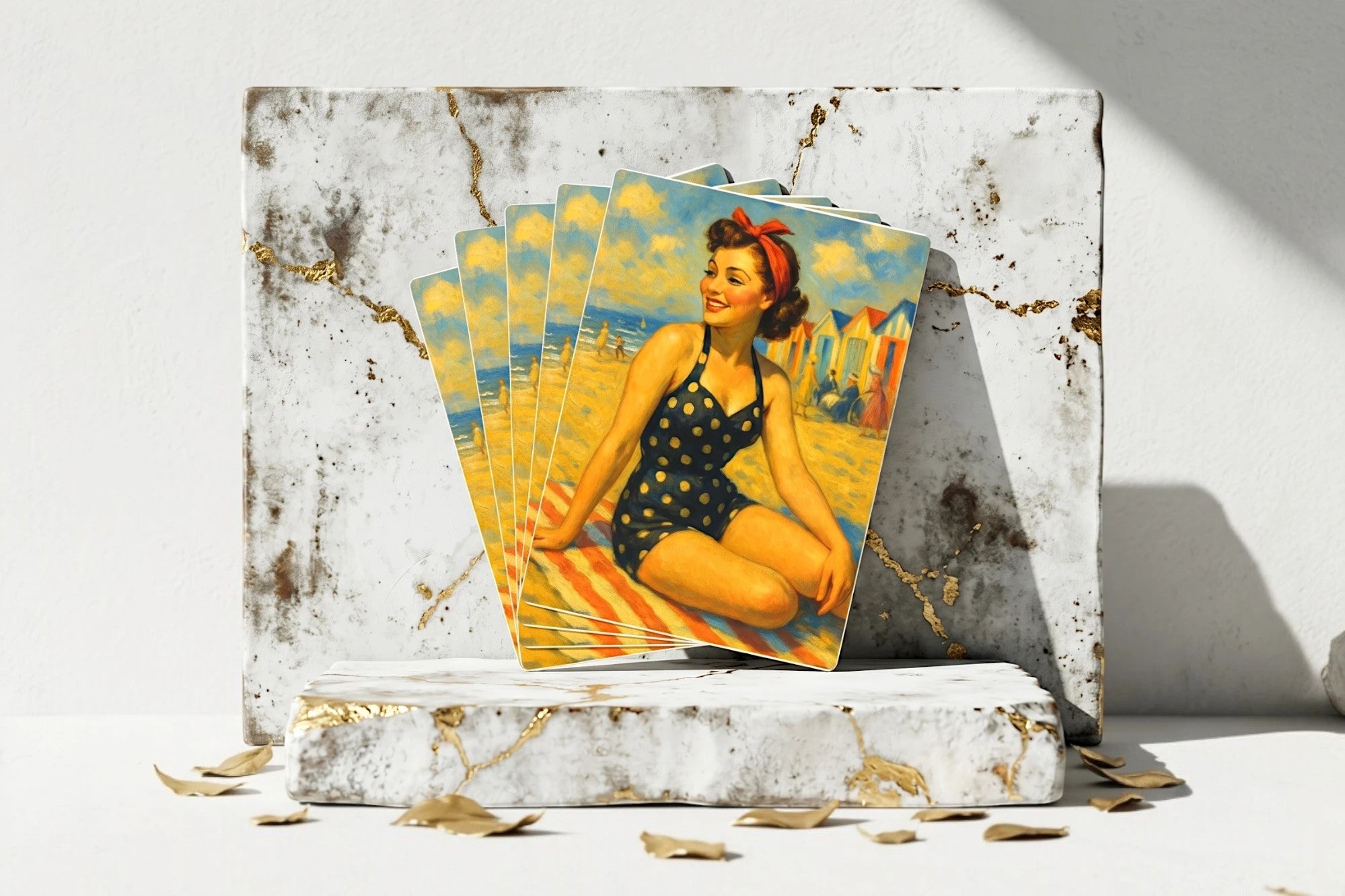 Jeu de cartes Roaring 20s Paris pin-up femme en maillot à pois sur la plage, style vintage.