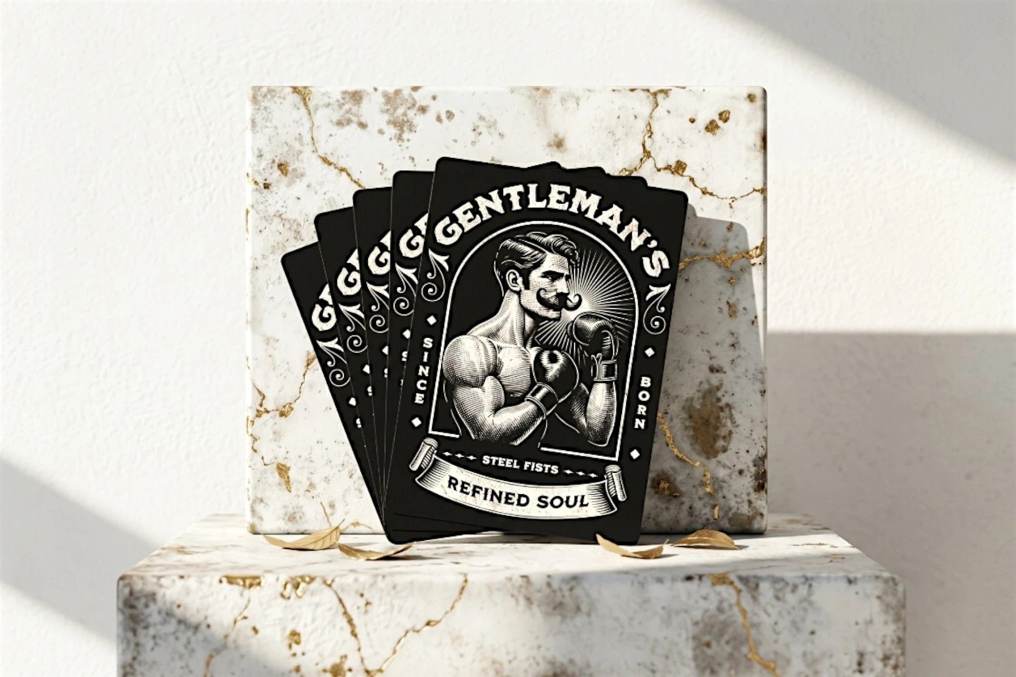 Roaring 20s Paris, jeu de cartes poker gentleman boxeur style 1920, noir et blanc, papier premium.