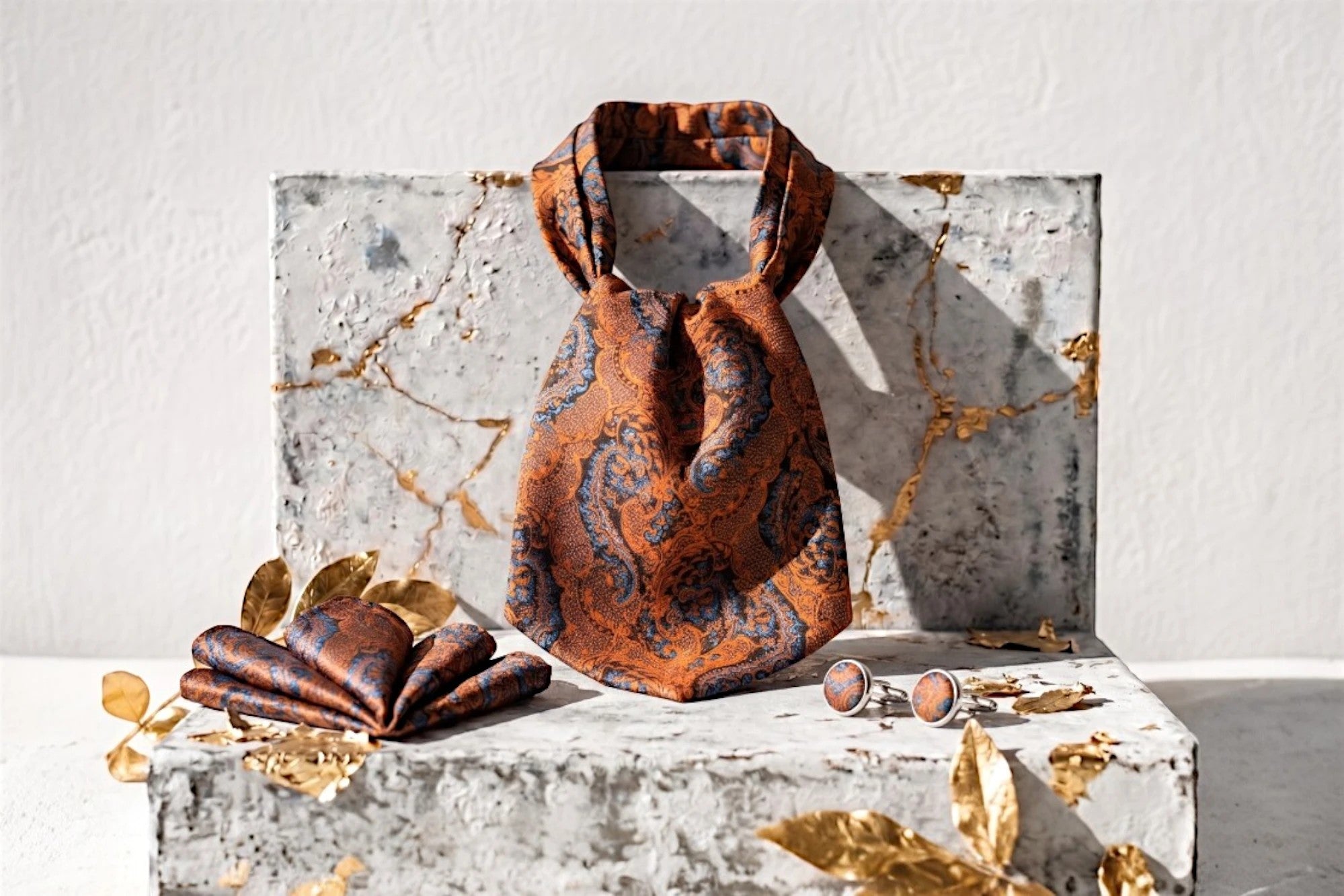 Lavallière foulard en soie orange et bleu à motif cachemire, assortie d'un mouchoir de poche et boutons de manchette, Roaring 20s Paris.