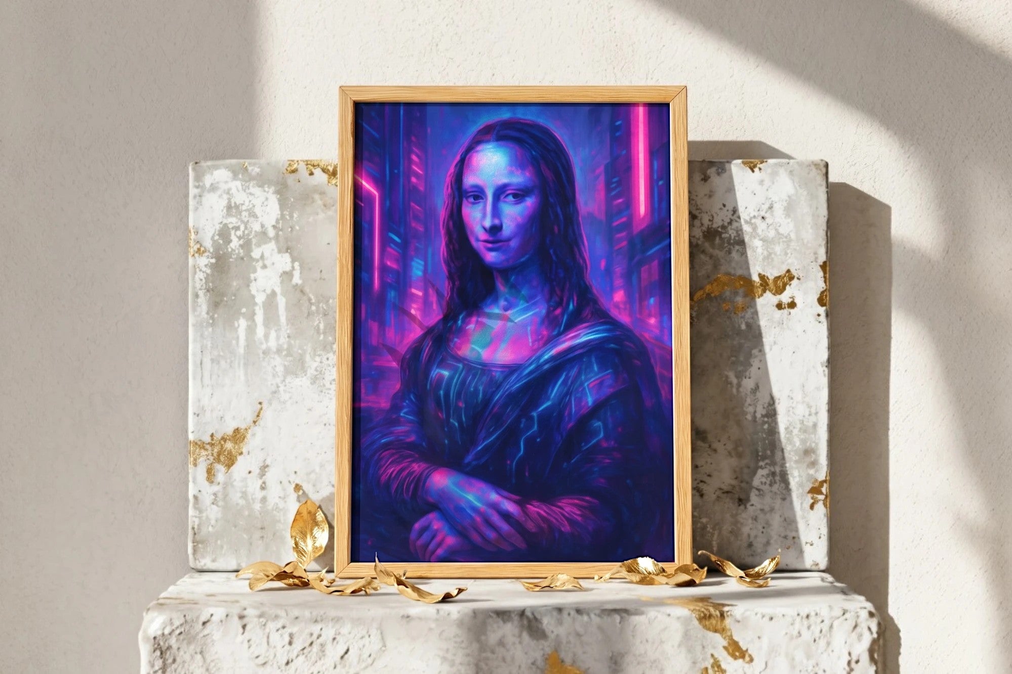 Roaring 20s Paris : Affiche Mona Lisa futuriste, style cyberpunk, néons bleus et violets, art mural digital.