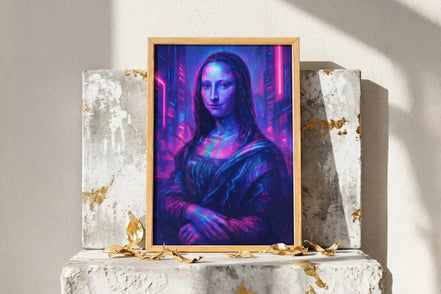 Roaring 20s Paris : Affiche Mona Lisa futuriste, style cyberpunk, néons bleus et violets, art mural digital.