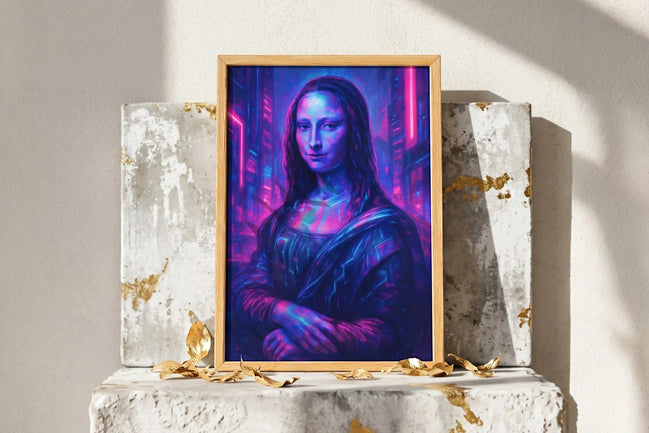 Roaring 20s Paris : Affiche Mona Lisa futuriste, style cyberpunk, néons bleus et violets, art mural digital.