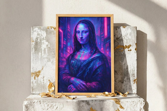 Roaring 20s Paris : Affiche Mona Lisa futuriste, style cyberpunk, néons bleus et violets, art mural digital.