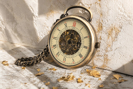 Montre de poche Roaring 20s Paris en laiton doré, mécanique avec mouvement squelette visible, cadran à chiffres romains.
