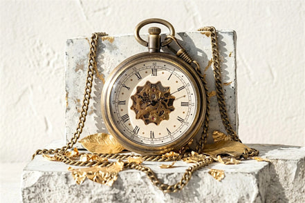 Montre de poche Roaring 20s Paris en laiton avec mécanisme squelette visible, cadran blanc et chiffres romains, chaîne dorée.