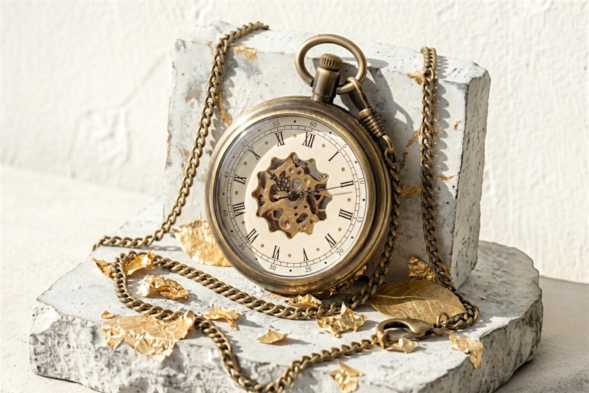 Montre de poche Roaring 20s Paris en laiton avec mécanisme squelette visible, cadeau anniversaire chic.