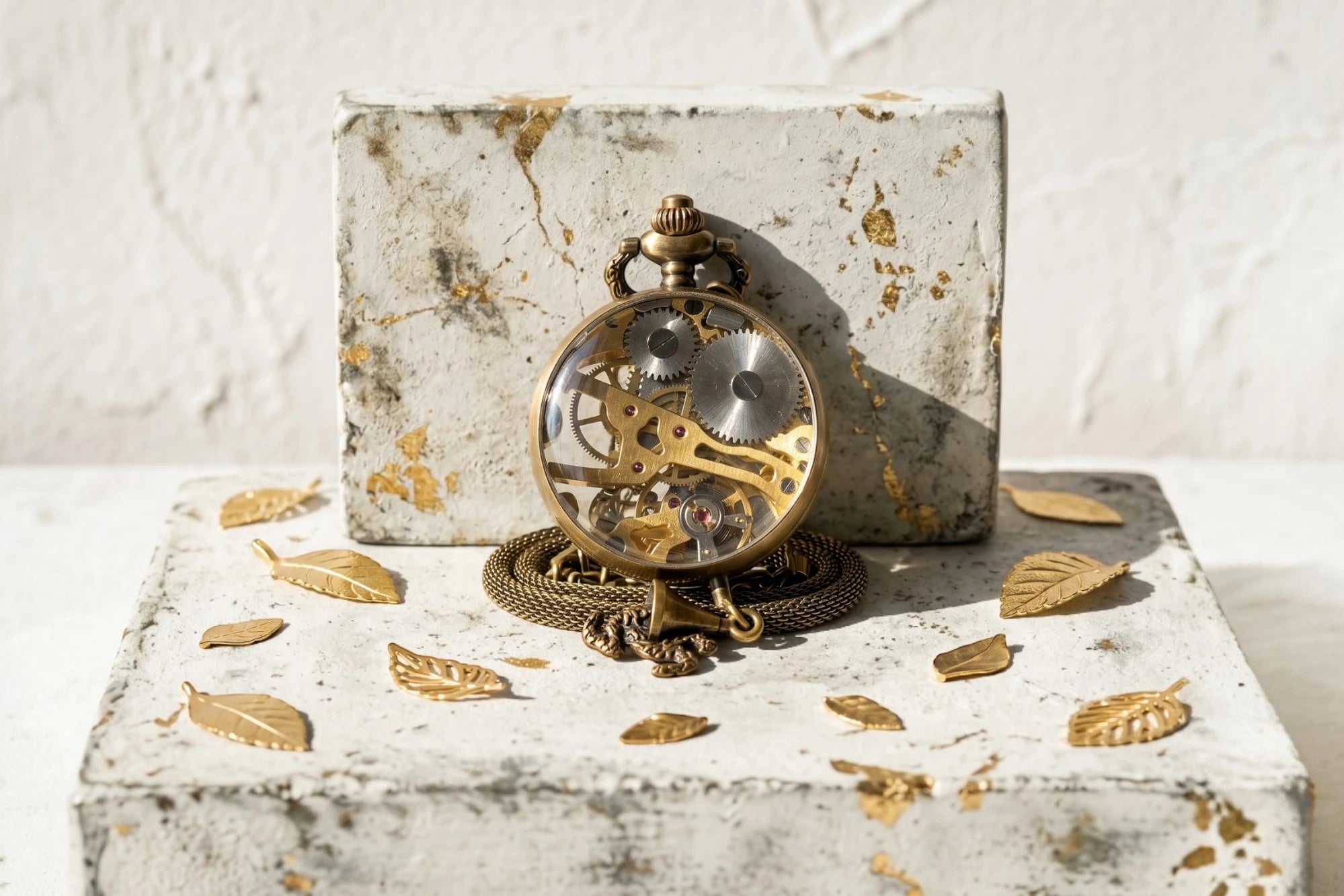 Montre de poche mécanique Roaring 20s Paris en acier avec mécanisme visible et chaîne, cadeau personnalisé.