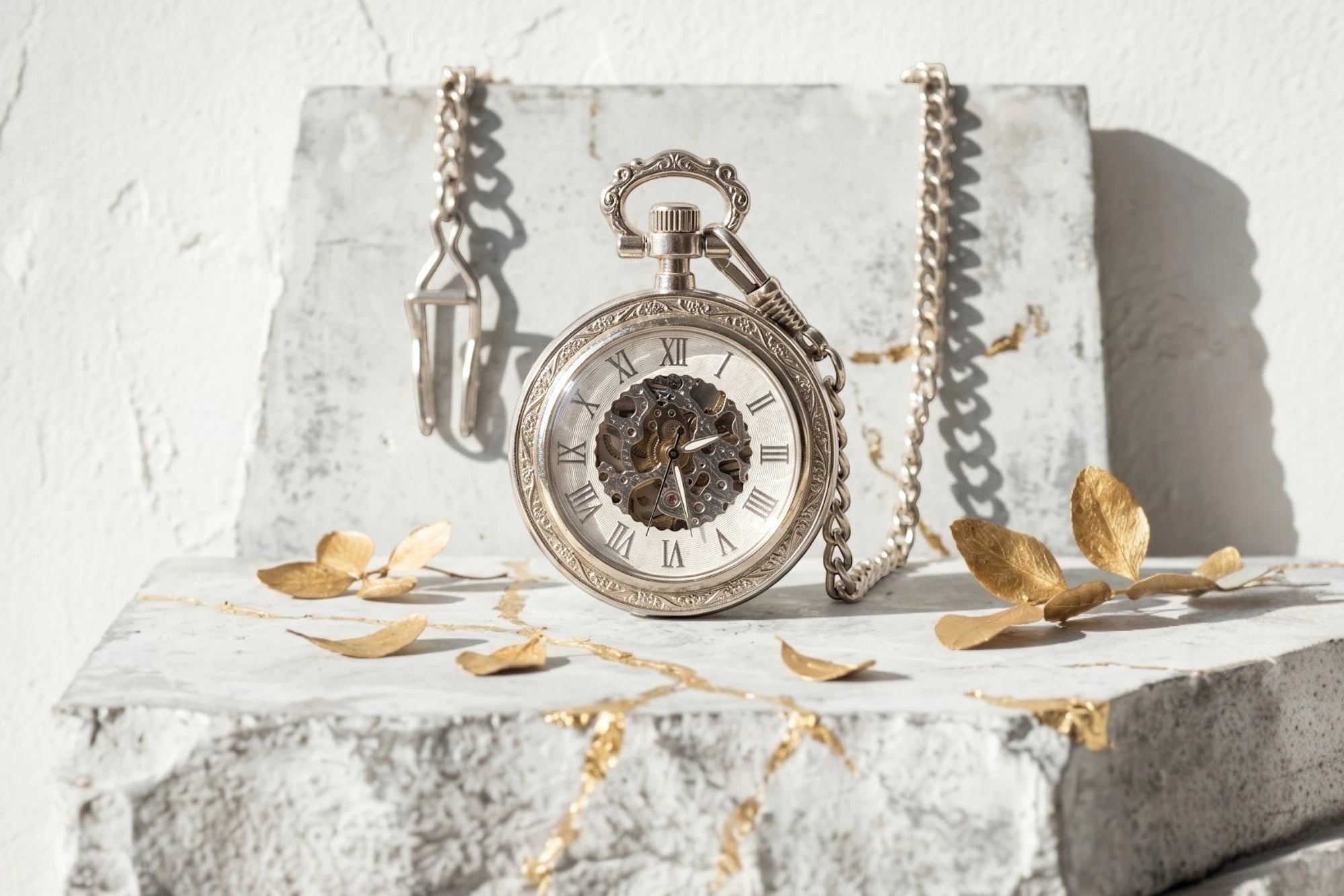 Montre de poche Roaring 20s Paris en acier argenté avec mécanisme squelette visible et chaîne.