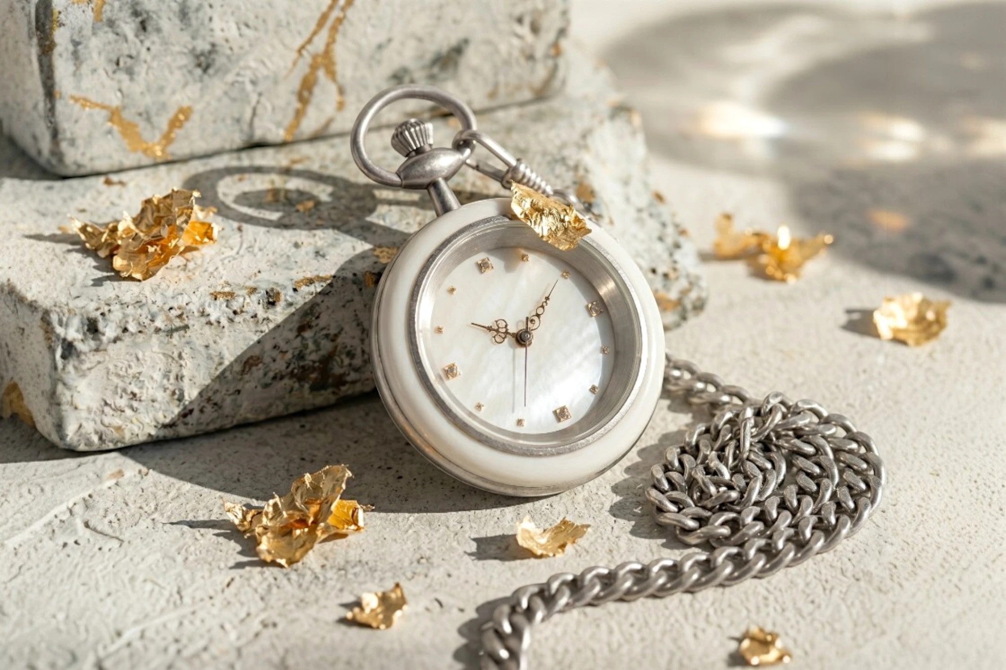 Montre à gousset mécanique Roaring 20s Paris en acier blanc, cadran nacré, chaîne argentée, cadeau personnalisé.