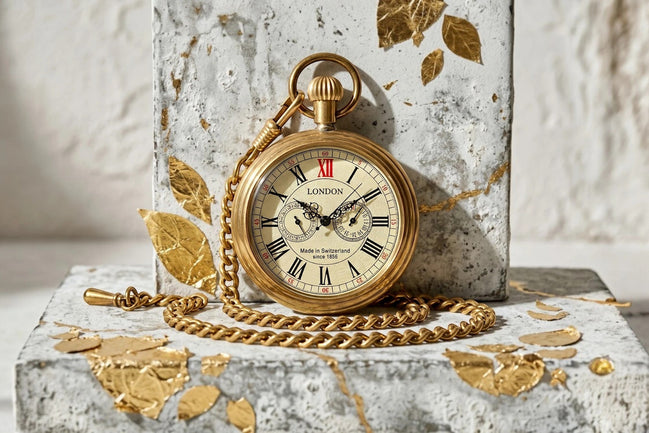 Montre à gousset Roaring 20s Paris en acier doré, cadran crème avec chiffres romains et chaîne assortie. Mécanisme visible.