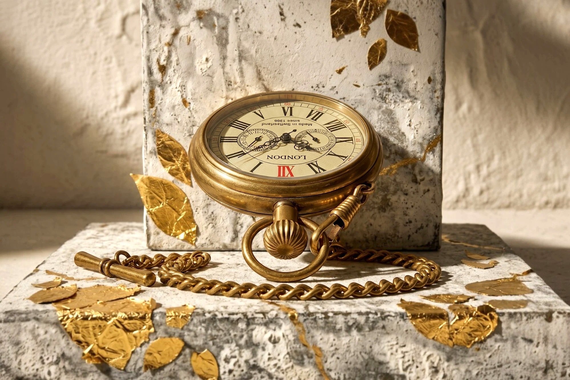 Montre gousset Roaring 20s Paris en acier doré, cadran crème avec chiffres romains, chaîne assortie. Style classique.