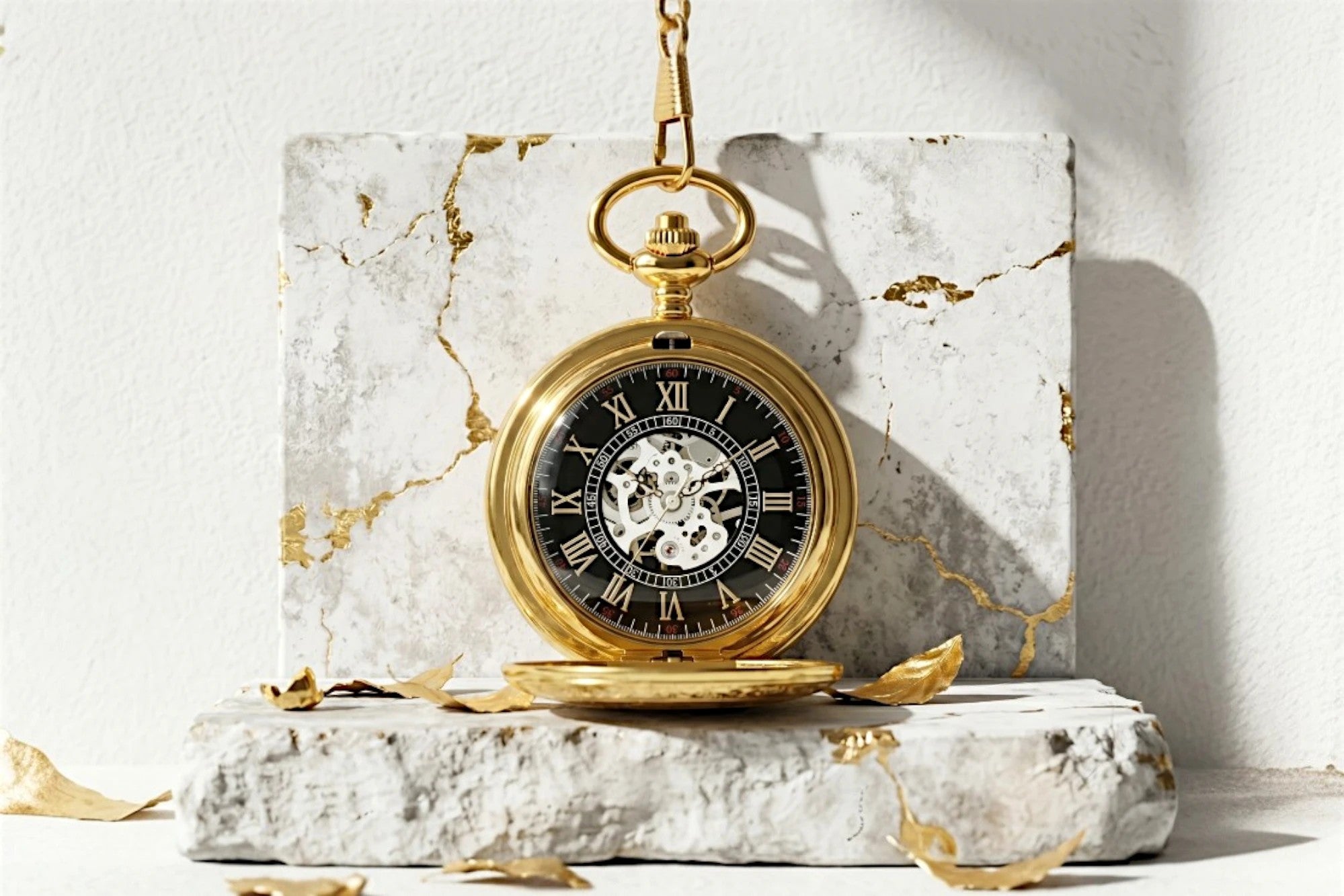 Montre à gousset Roaring 20s Paris en acier doré, cadran squelette noir avec chiffres romains, chaîne assortie, clapet ouvrant.