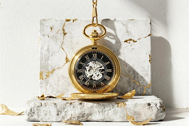 Montre à gousset Roaring 20s Paris en acier doré, cadran squelette noir avec chiffres romains, chaîne assortie, clapet ouvrant.