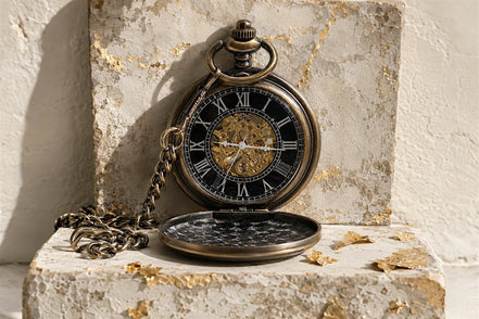 Montre gousset Roaring 20s Paris en acier et laiton, cadran noir avec chiffres romains et mécanisme apparent, double clapet.
