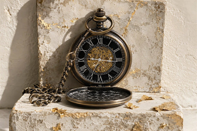 Montre gousset Roaring 20s Paris en acier et laiton, cadran noir avec chiffres romains et mécanisme apparent, double clapet.