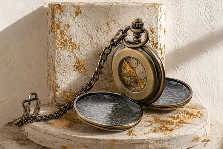 Montre gousset Roaring 20s Paris en acier et laiton, avec double clapet et mécanisme visible, finition bronze.