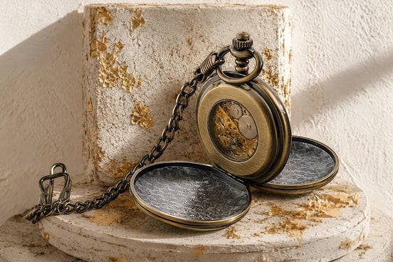 Montre gousset Roaring 20s Paris en acier et laiton, avec double clapet et mécanisme visible, finition bronze.