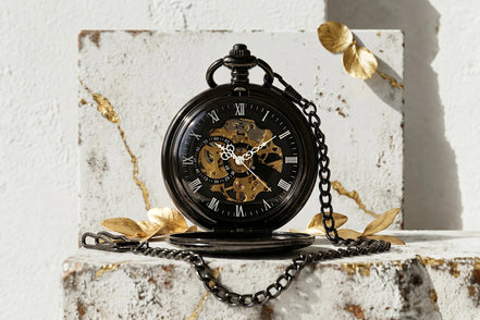 Montre à gousset Roaring 20s Paris en acier noir avec mécanisme apparent et chiffres romains, chaîne incluse.