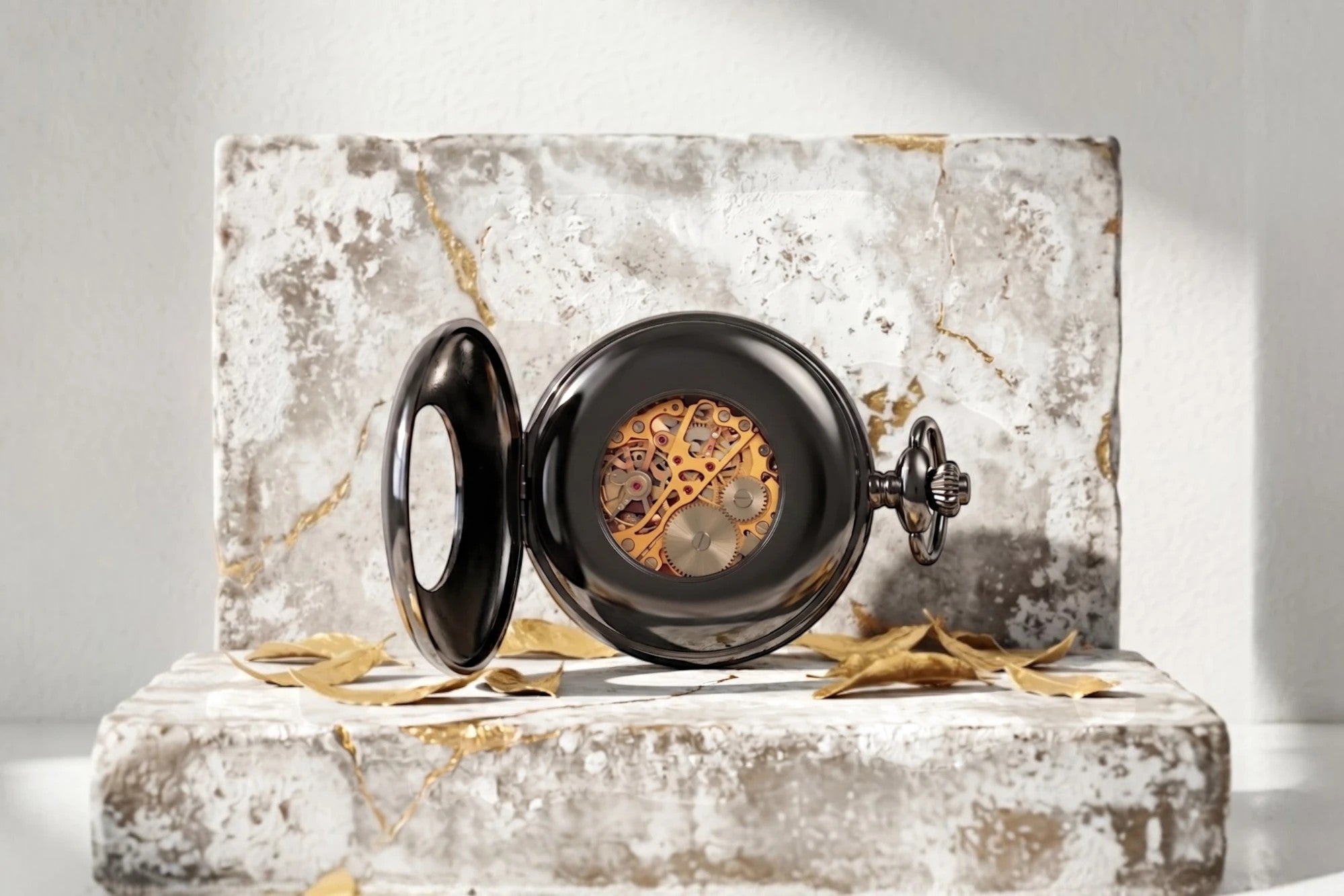 Montre à gousset Roaring 20s Paris en acier noir avec mécanisme apparent, cadeau élégant.