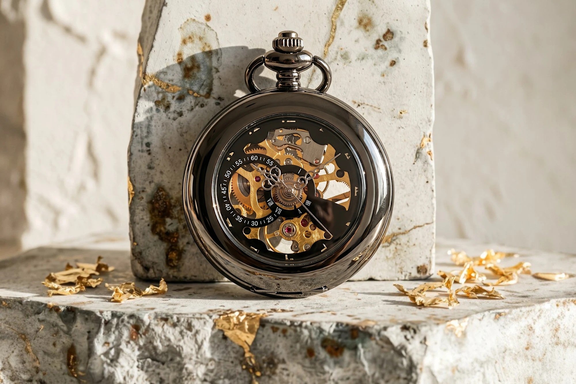 Montre gousset Roaring 20s Paris en acier noir, mécanisme apparent, cadeau élégant