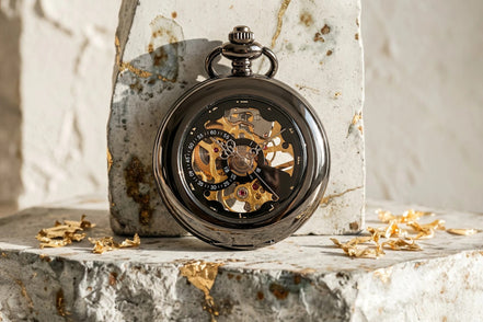 Montre gousset Roaring 20s Paris en acier noir, mécanisme apparent, cadeau élégant