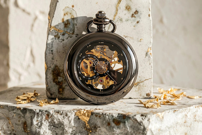 Montre gousset Roaring 20s Paris en acier noir, mécanisme apparent, cadeau élégant