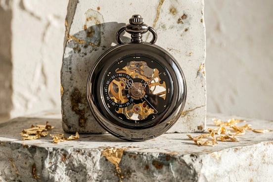 Montre gousset Roaring 20s Paris en acier noir, mécanisme apparent, cadeau élégant