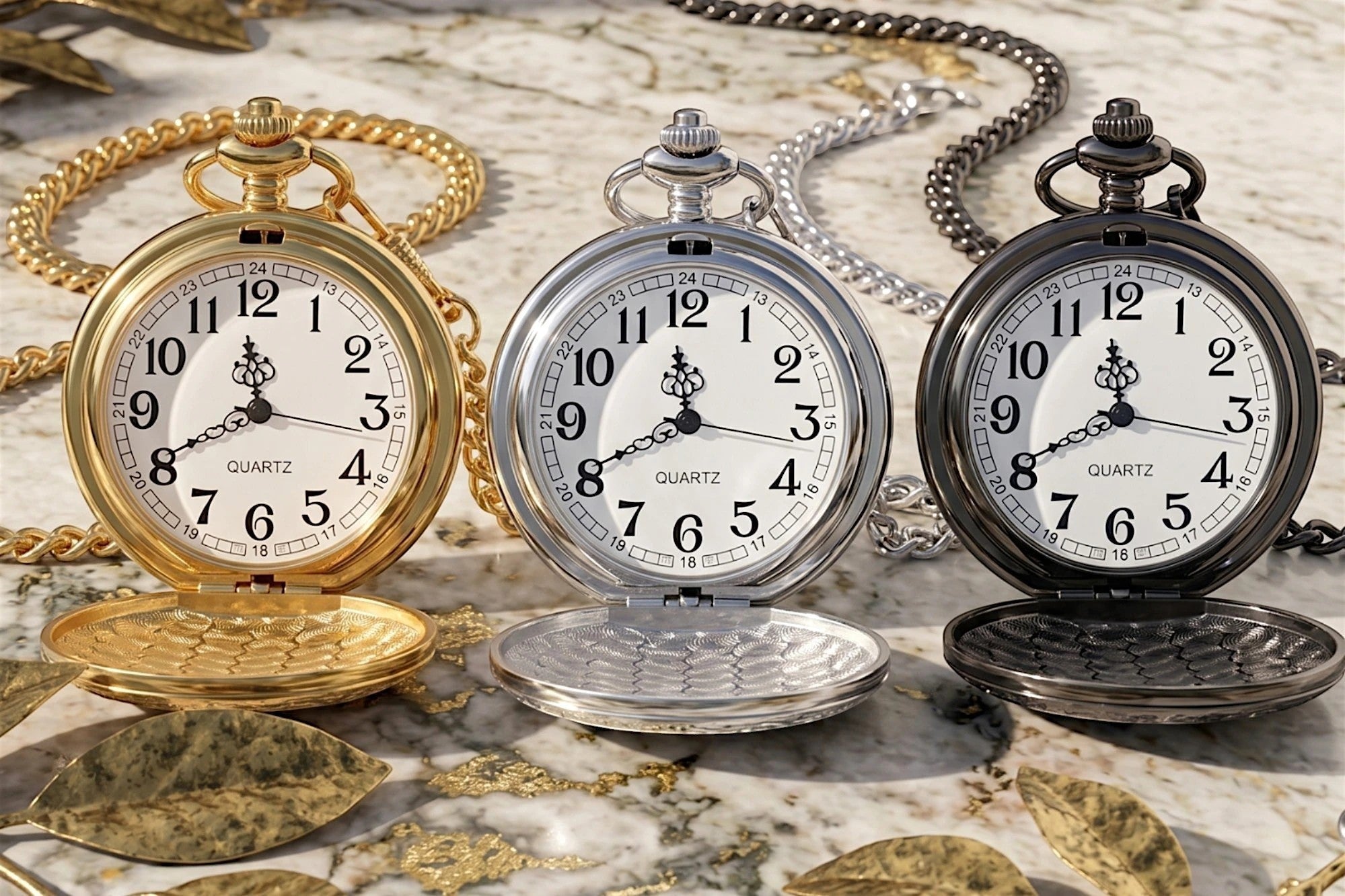 Montre à gousset Roaring 20s Paris en acier or, argent et noir, avec chaîne. Style victorien.