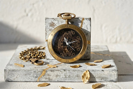 Montre de poche Roaring 20s Paris en acier doré, cadran noir avec engrenages apparents et chiffres romains.