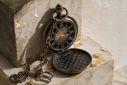 Montre gousset Roaring 20s Paris en acier avec double clapet, cadran noir et chiffres romains, mécanisme apparent.