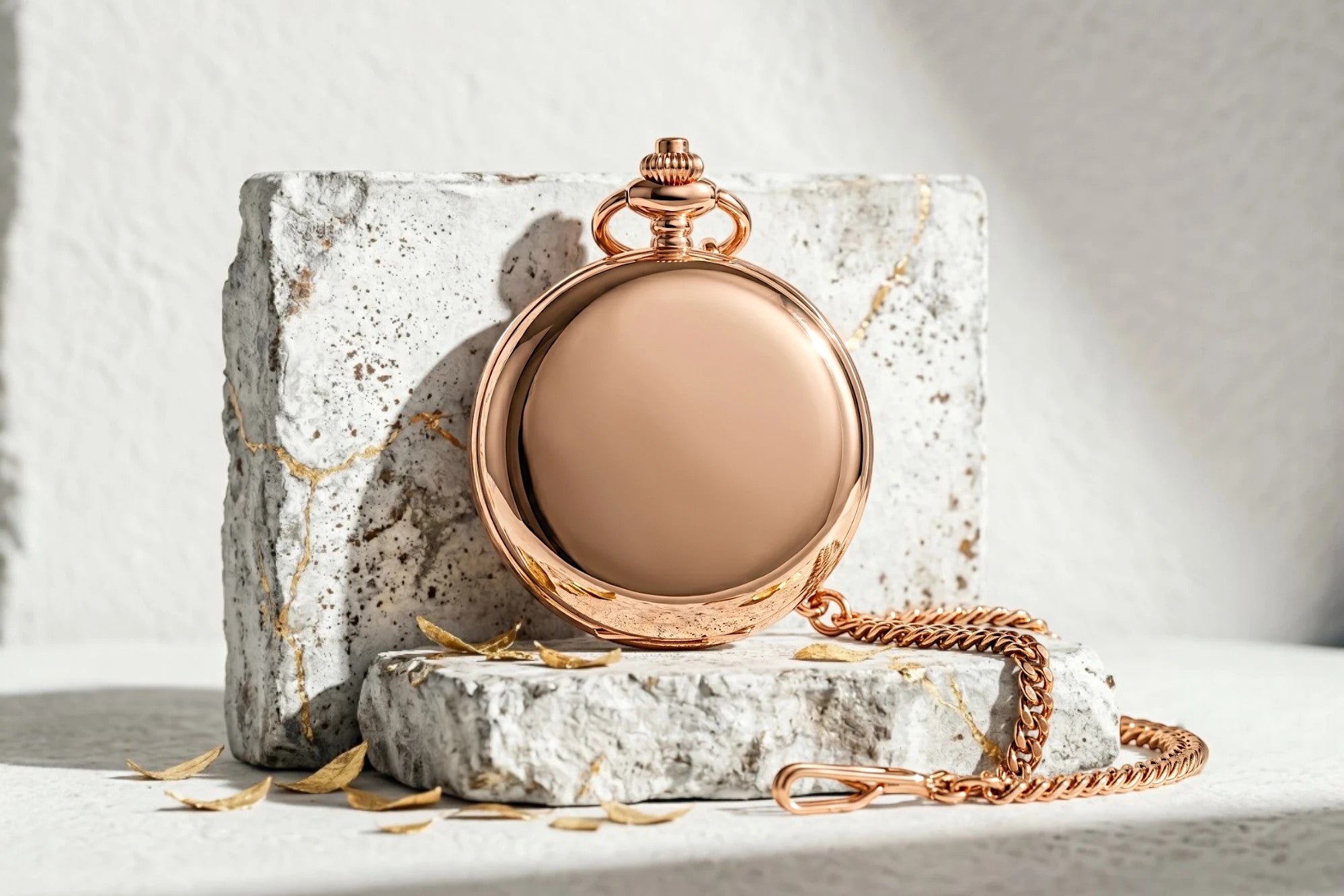 Montre gousset Roaring 20s Paris en acier rose, avec chaîne, mécanisme visible et double clapet. Cadeau élégant.