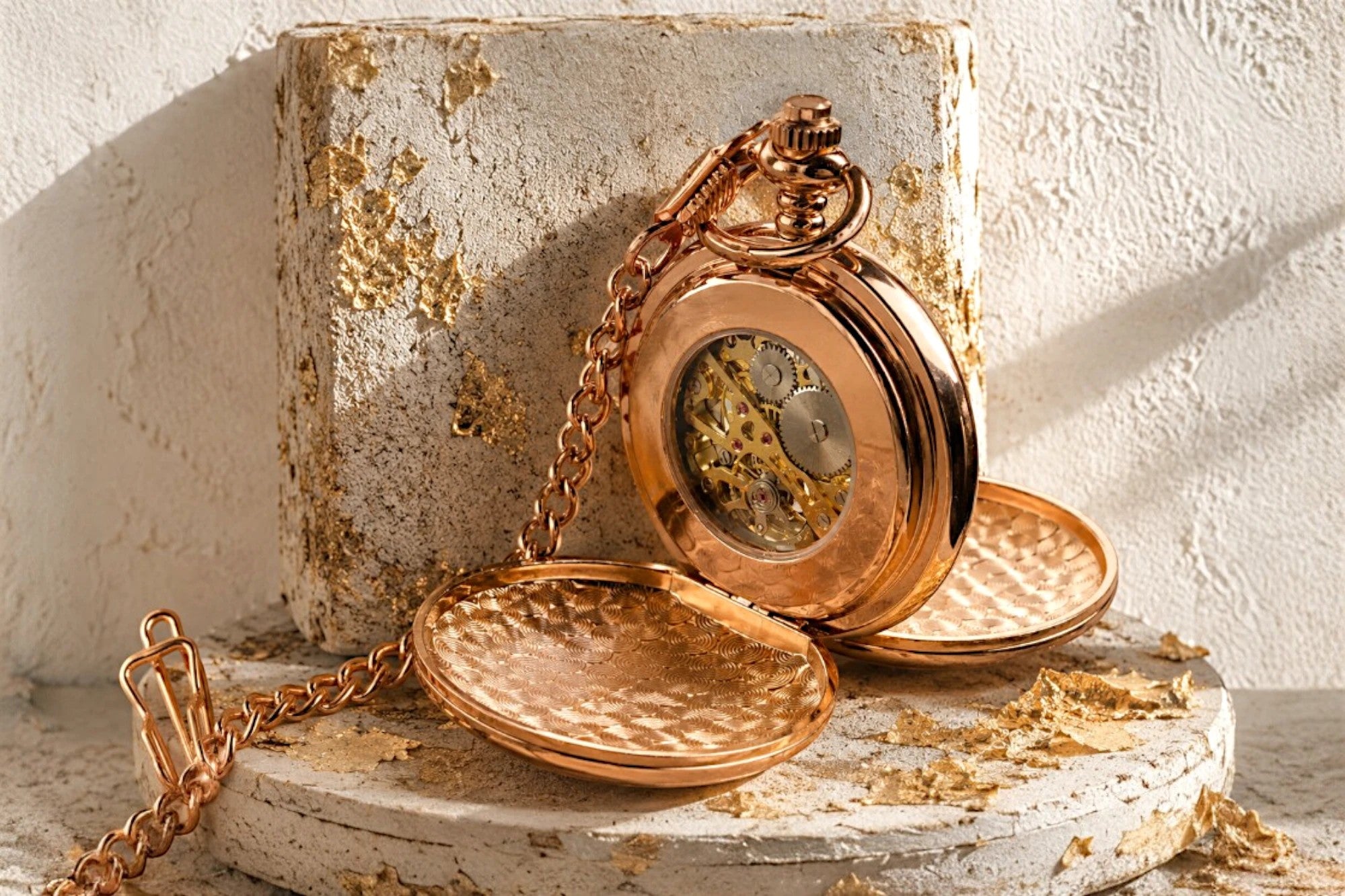 Montre gousset Roaring 20s Paris en acier rose avec mécanisme squelette visible et double clapet. Idée cadeau élégante.