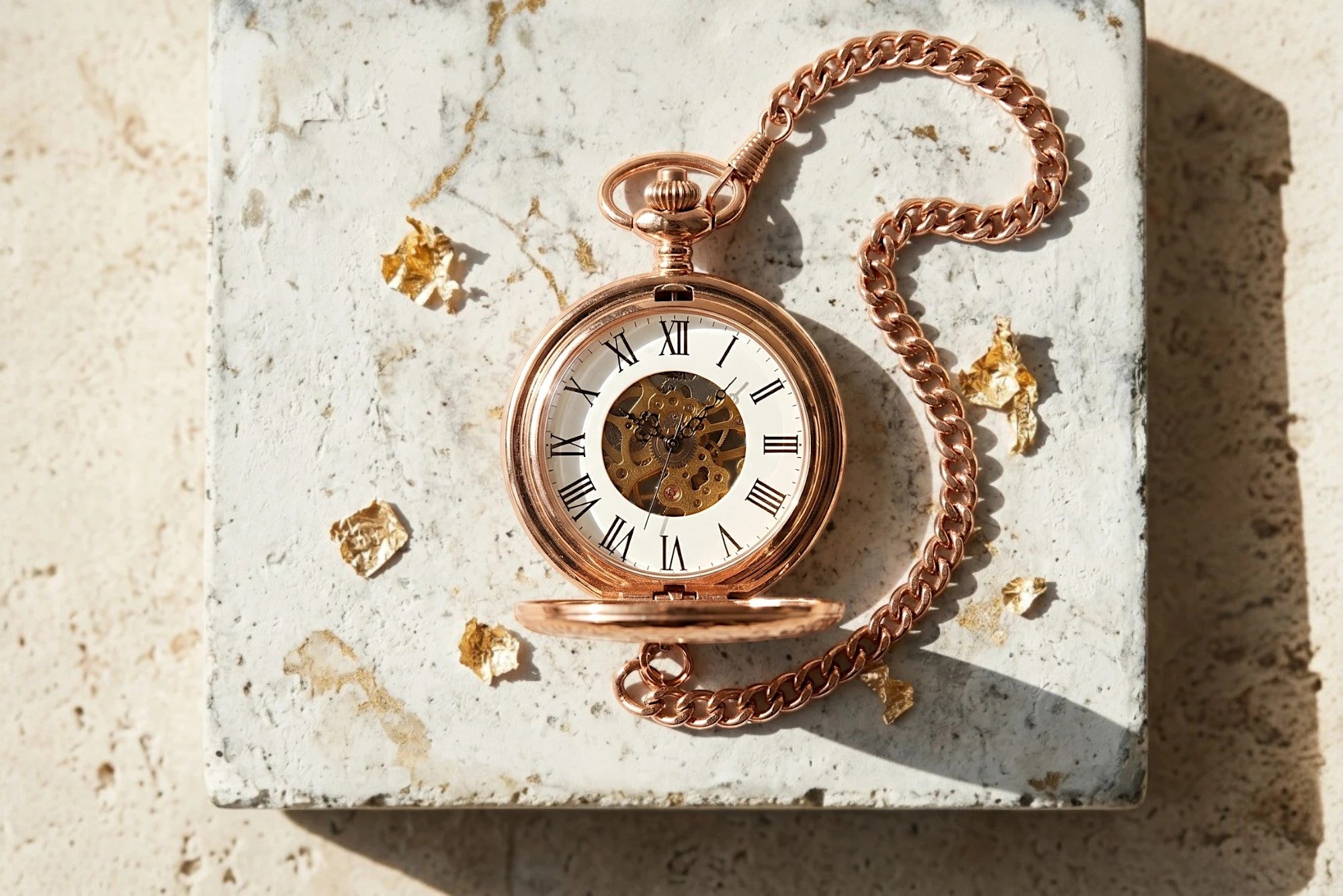 Montre gousset Roaring 20s Paris en acier rose avec mécanisme squelette visible et chaîne assortie. Cadeau élégant.