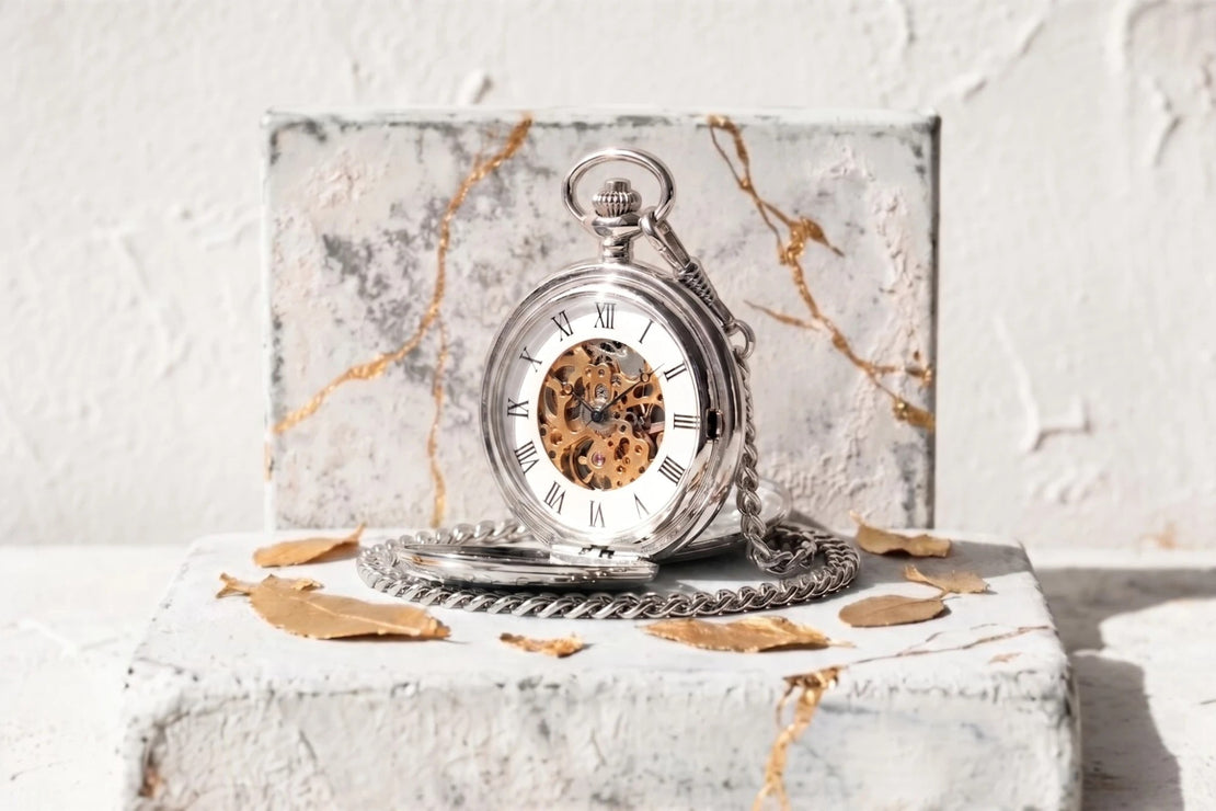 Montre à gousset Roaring 20s Paris en acier argenté avec mécanisme squelette visible, idéale pour cadeau.