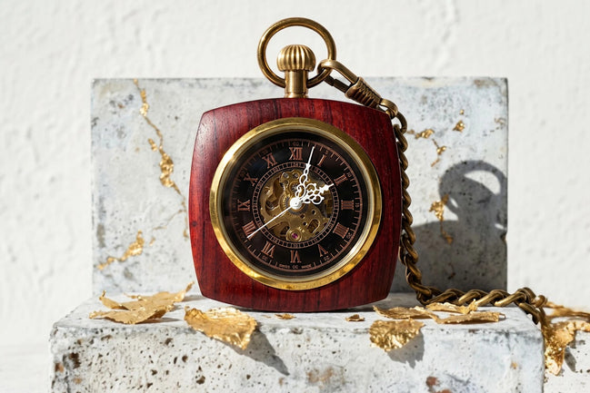 Roaring 20s Paris montre gousset squelette en bois rouge avec cadran noir et chaîne dorée, style vintage.