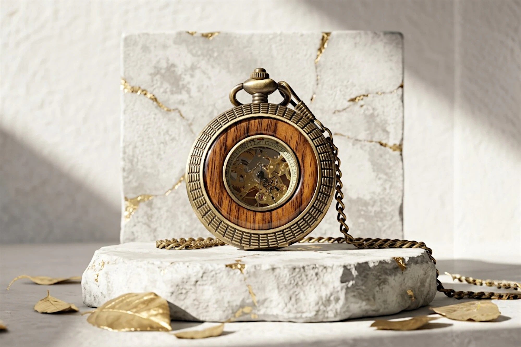 Montre gousset Roaring 20s Paris en acier laiton et bois, mécanisme visible, style vintage chic.