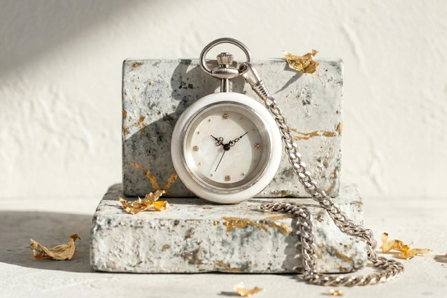Montre gousset mécanique Roaring 20s Paris en acier blanc avec cadran nacré et chaîne argentée. Idée cadeau personnalisé.