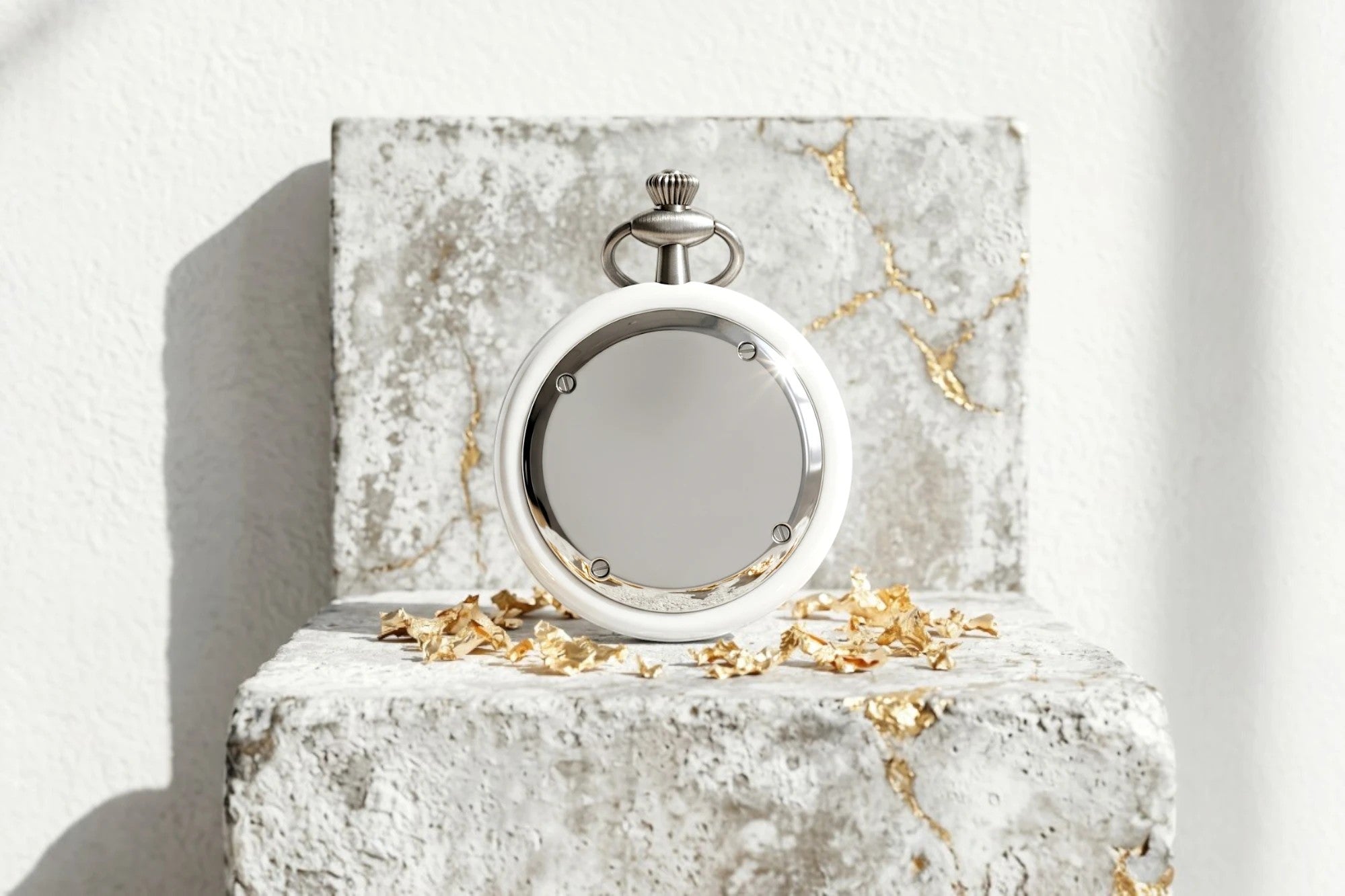 Montre à gousset mécanique blanche en acier Proust de Roaring 20s Paris avec mécanisme squelette visible. Cadeau personnalisé.