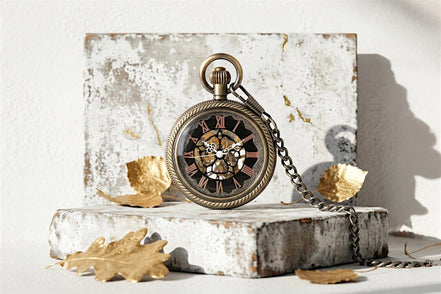 Montre à gousset Roaring 20s Paris en acier laiton, mécanique gravée, avec chiffres romains et chaîne.