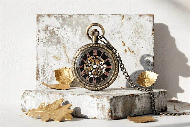 Montre à gousset Roaring 20s Paris en acier laiton, mécanique gravée, avec chiffres romains et chaîne.