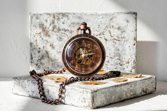 Montre de poche Roaring 20s Paris en acier avec mécanisme squelette visible, cadran marron et chaîne en cuivre.