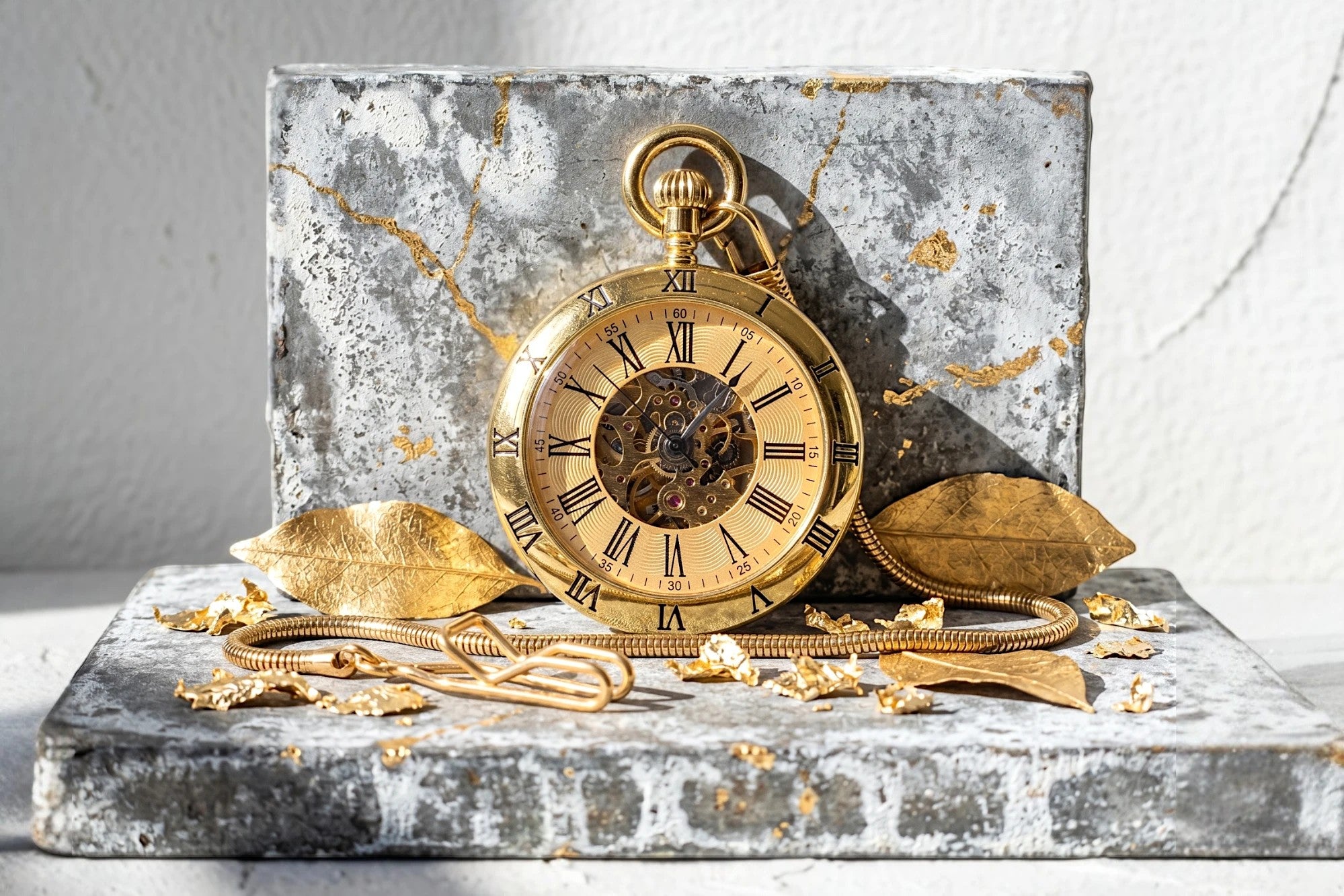 Montre gousset squelette dorée Roaring 20s Paris avec cadran romain et mécanisme visible. Chaîne et feuilles dorées.