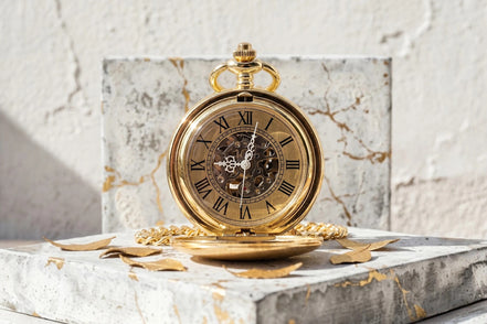 Montre gousset Roaring 20s Paris dorée, mécanisme squelette visible, chiffres romains, chaîne assortie.