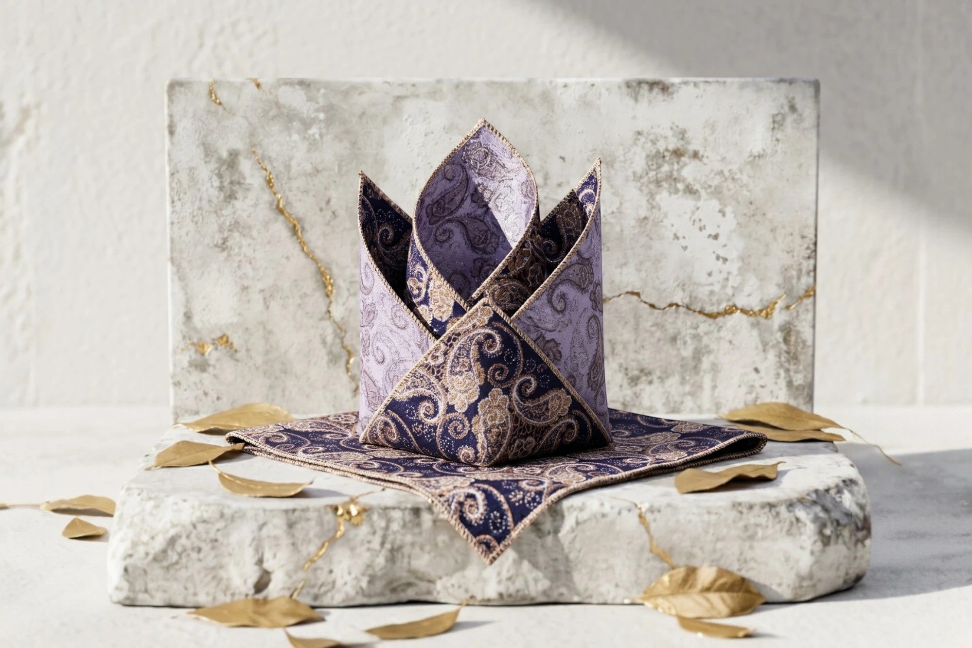 Roaring 20s Paris mouchoir de poche costume en soie beige et violet à motifs floraux baroques, style Chuck Bass.