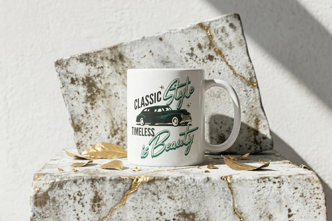 Mug blanc Roaring 20s Paris avec illustration d'une voiture Ford F1 verte et texte "Classic Style Timeless is Beauty". Céramique.